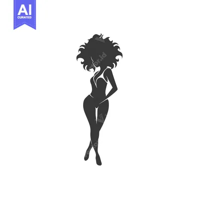 Aset desain premium: Silhouette of a Woman with Curly Hair in a Dress