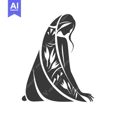 Aset premium populer: Silhouette of a Woman with Floral Detail Wrapped in a Scarf