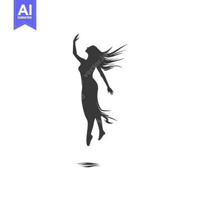 Silhouette of a Woman with Flowing Hair, Jumping and Reaching Upwards