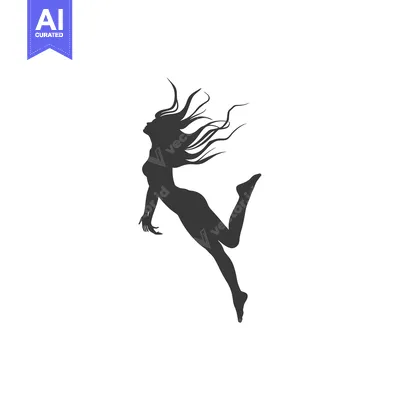 Silhouette of a woman with flowing hair jumping in mid-air