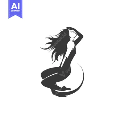 Silhouette of a woman with long hair and a crescent moon