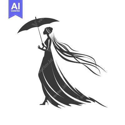 Premium design asset: Silhouette of a Woman with Long Hair Holding an Umbrella