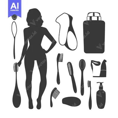 Aset desain premium: Silhouette of a Woman with Various Bath and Beauty Products