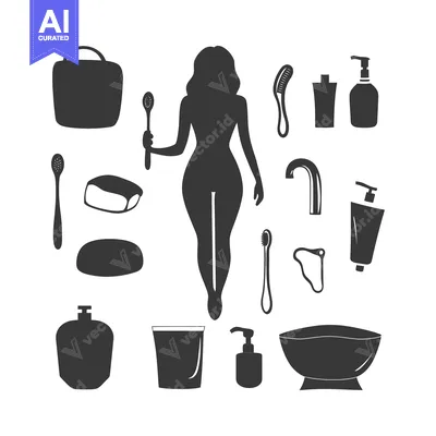 Silhouette of a woman with various bathroom and beauty accessories