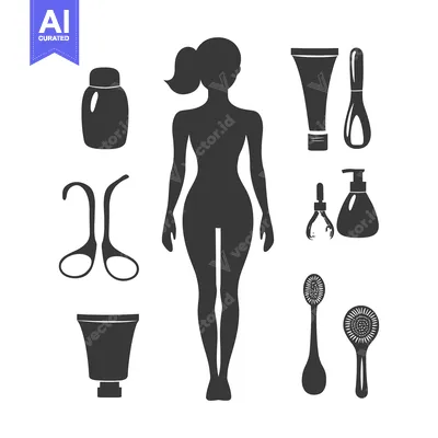 Premium design asset: Silhouette of a Woman with Various Beauty Products