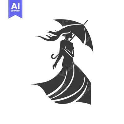 Silhouette of a Woman with Windblown Hair Holding an Umbrella