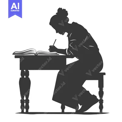 Aset desain premium: Silhouette of a Woman Writing at a Desk