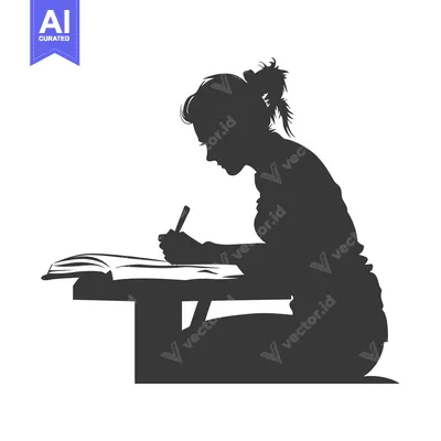 Silhouette of a Woman Writing at a Desk with a Book