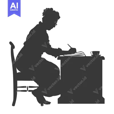 Premium design asset: Silhouette of a woman writing at a desk with a cup of coffee