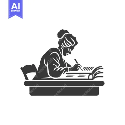 Aset desain premium: Silhouette of a Woman Writing at a Desk with an Open Book