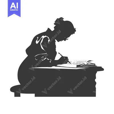 Silhouette of a Woman Writing at a Desk with an Open Book