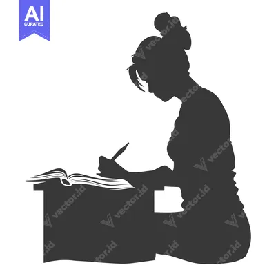 Silhouette of a Woman Writing at a Desk with an Open Book