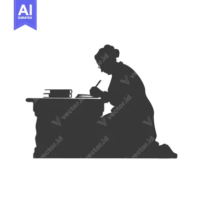 Silhouette of a Woman Writing at a Desk with Books