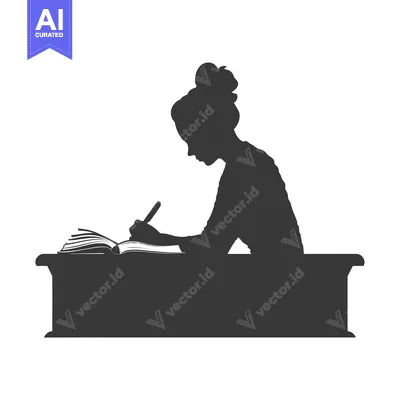 Silhouette of a Woman Writing in a Book at a Desk