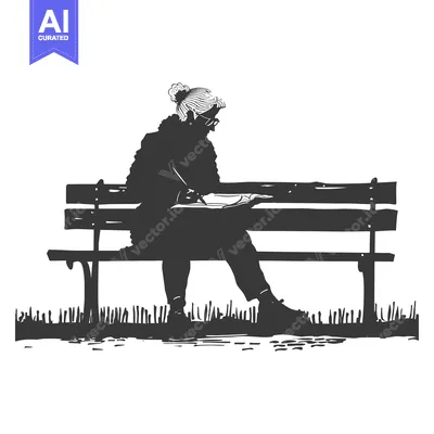 Silhouette of a woman writing in a book on a park bench