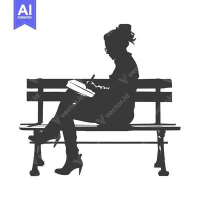 Aset desain premium: Silhouette of a Woman Writing in a Notebook on a Bench