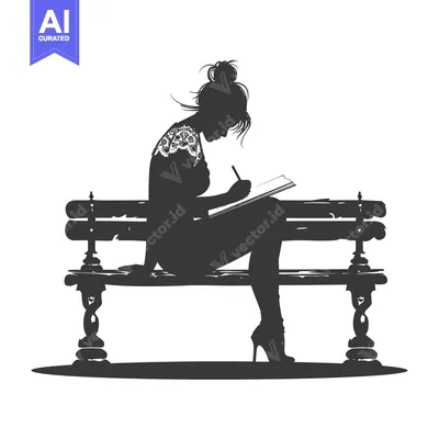 Silhouette of a Woman Writing on a Bench