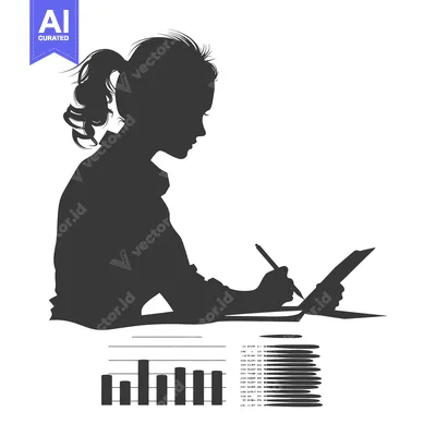 Aset desain premium: Silhouette of a Woman Writing on a Document with a Bar Graph and a Lis
