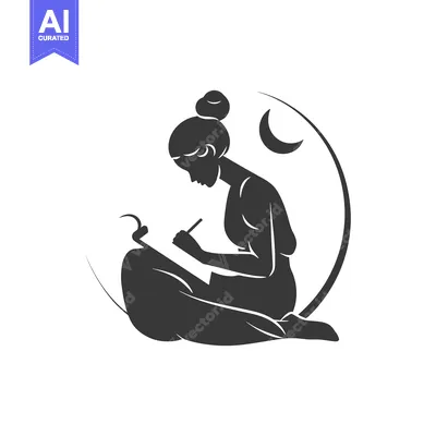 Silhouette of a Woman Writing with a Crescent Moon in the Background