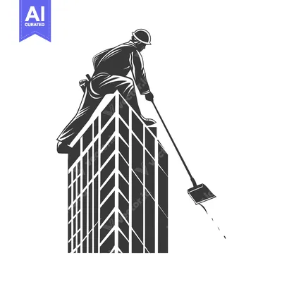 Aset desain premium: Silhouette of a Worker Cleaning a Tall Building with a Broom