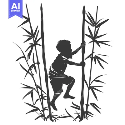 Premium design asset: Silhouette of a Young Boy Climbing Bamboo Stalks