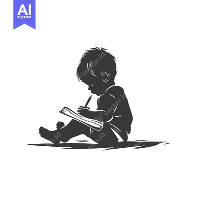 Silhouette of a young boy sitting and drawing with a pencil