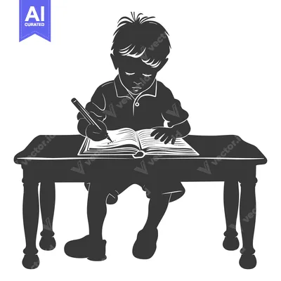 Silhouette of a Young Boy Studying at a Desk