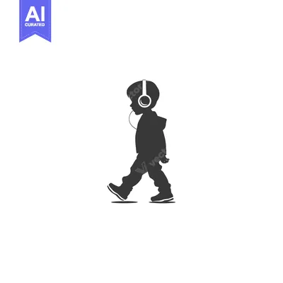 Aset desain premium: Silhouette of a Young Boy Walking with Headphones On