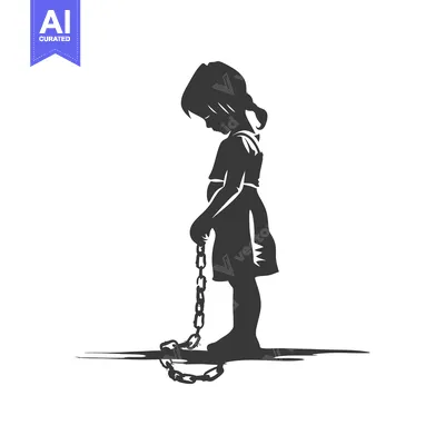 Aset desain premium: Silhouette of a Young Girl Chained to the Ground