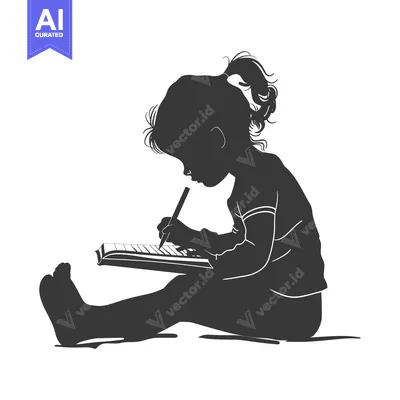 Aset desain premium: Silhouette of a Young Girl Drawing in a Notebook