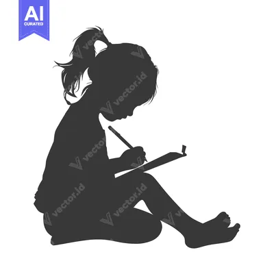 Aset desain premium: Silhouette of a young girl drawing on a pad