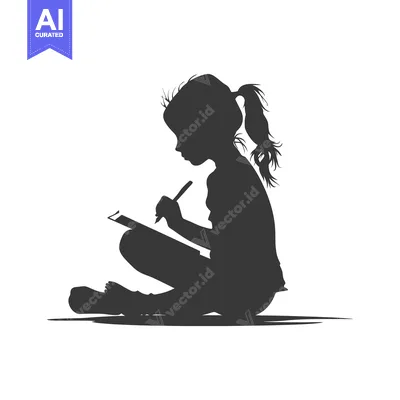 Silhouette of a young girl drawing on a paper
