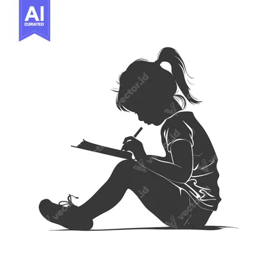 Premium design asset: Silhouette of a young girl sitting and drawing