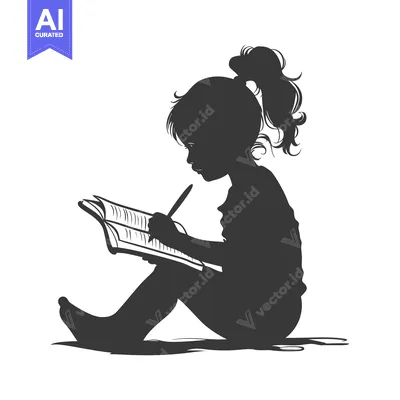 Premium design asset: Silhouette of a young girl sitting and writing in a book