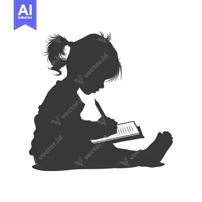 Aset desain premium: Silhouette of a Young Girl Sitting and Writing in a Notebook