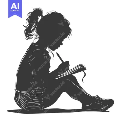 Aset premium populer: Silhouette of a Young Girl Sitting and Writing in a Notebook