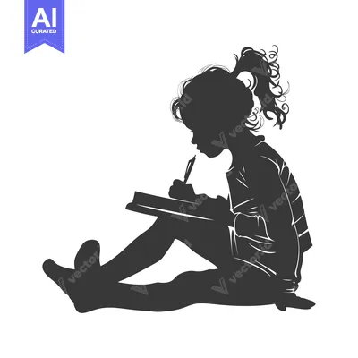 Silhouette of a young girl sitting and writing in a notebook