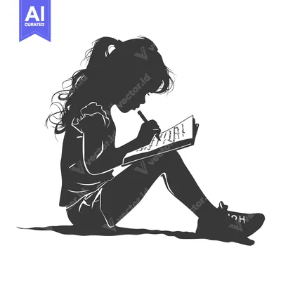 Premium design asset: Silhouette of a young girl sitting and writing in a notebook