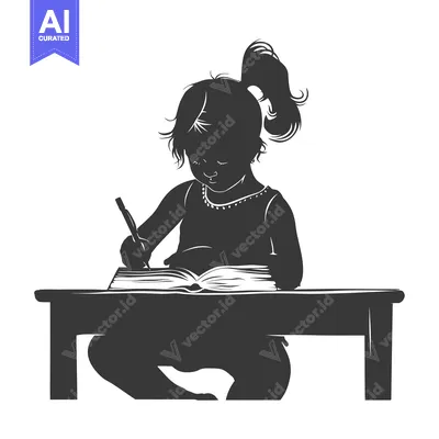 Silhouette of a young girl sitting at a desk, writing in a book