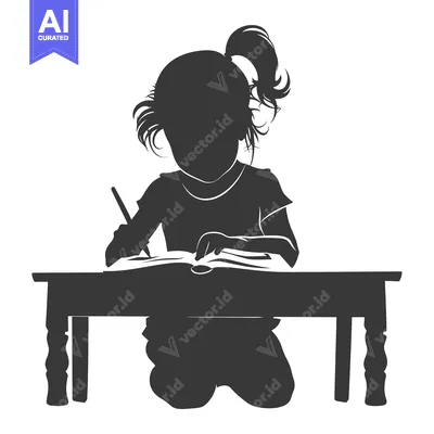 Silhouette of a young girl sitting at a desk writing in a book