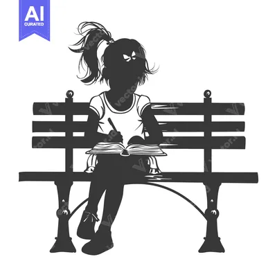Silhouette of a Young Girl Sitting on a Bench and Writing in a Book