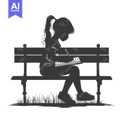 Aset desain premium: Silhouette of a Young Girl Sitting on a Bench and Writing in a Noteboo