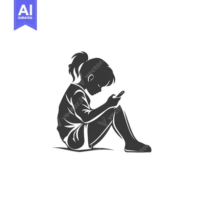 Aset premium populer: Silhouette of a young girl sitting on the floor, looking at a smartpho