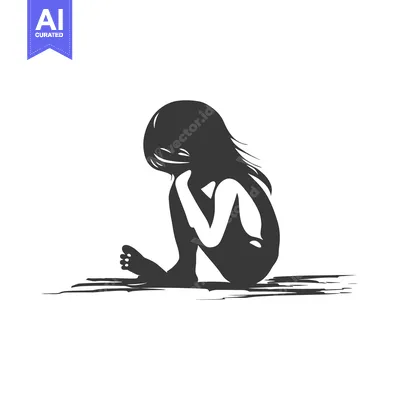 Aset premium populer: Silhouette of a Young Girl Sitting on the Ground with Long Hair Coveri