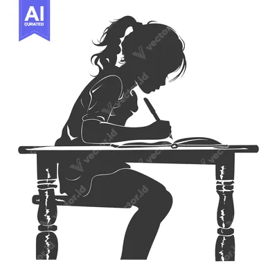 Silhouette of a Young Girl Studying at a Desk