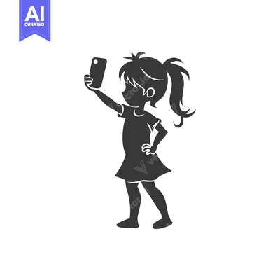 Aset desain premium: Silhouette of a young girl taking a selfie with a smartphone