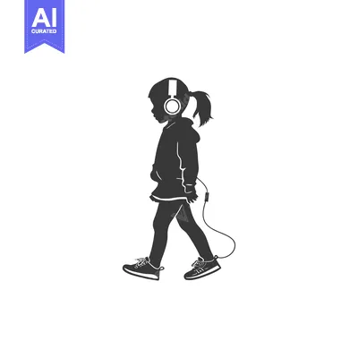 Aset premium populer: Silhouette of a young girl walking while listening to music with headp