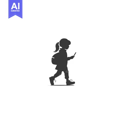 Premium design asset: Silhouette of a young girl walking with a backpack and holding a smart