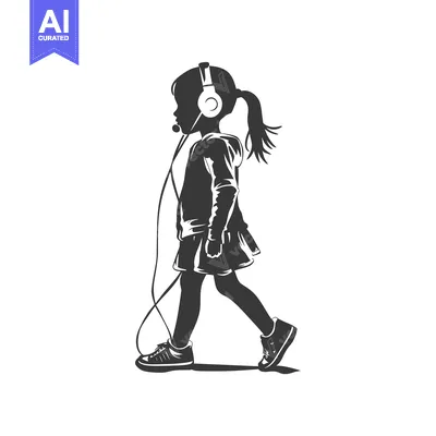 Aset desain premium: Silhouette of a Young Girl Walking with Headphones