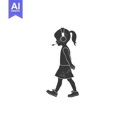 Aset premium populer: Silhouette of a Young Girl Wearing Headphones and Walking
